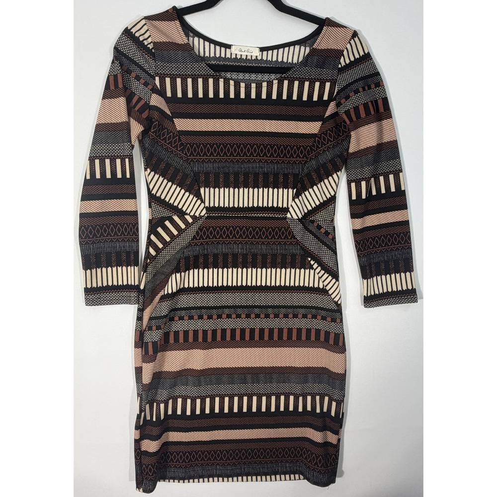 Black Bead Womens Geometric Bodycon Midi Dress Brown Black 3/4 Sleeve